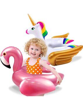 2 Pack Kids Pool Floats Unicorn Flamingo Inflatable Swim Ring Girls Boys Age 3 8